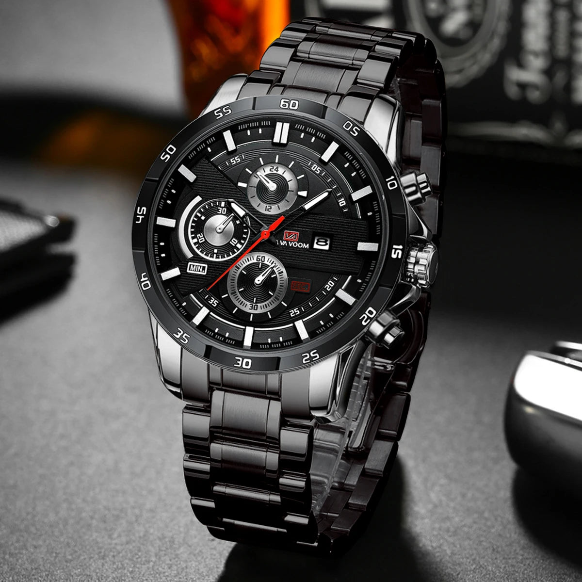 Reloj deportivo de alta gama para hombre, de 46 mm, grande, de cuero, estilo de carreras, informal, de moda, original, negro, oro rosa, calendario, reloj de cuarzo. ( SEPARAR PORQUE HAY DOS TIPOS DE RELOJ )