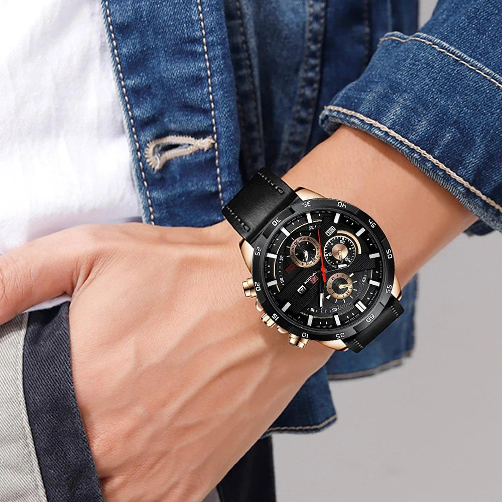 Reloj deportivo de alta gama para hombre, de 46 mm, grande, de cuero, estilo de carreras, informal, de moda, original, negro, oro rosa, calendario, reloj de cuarzo. ( SEPARAR PORQUE HAY DOS TIPOS DE RELOJ )