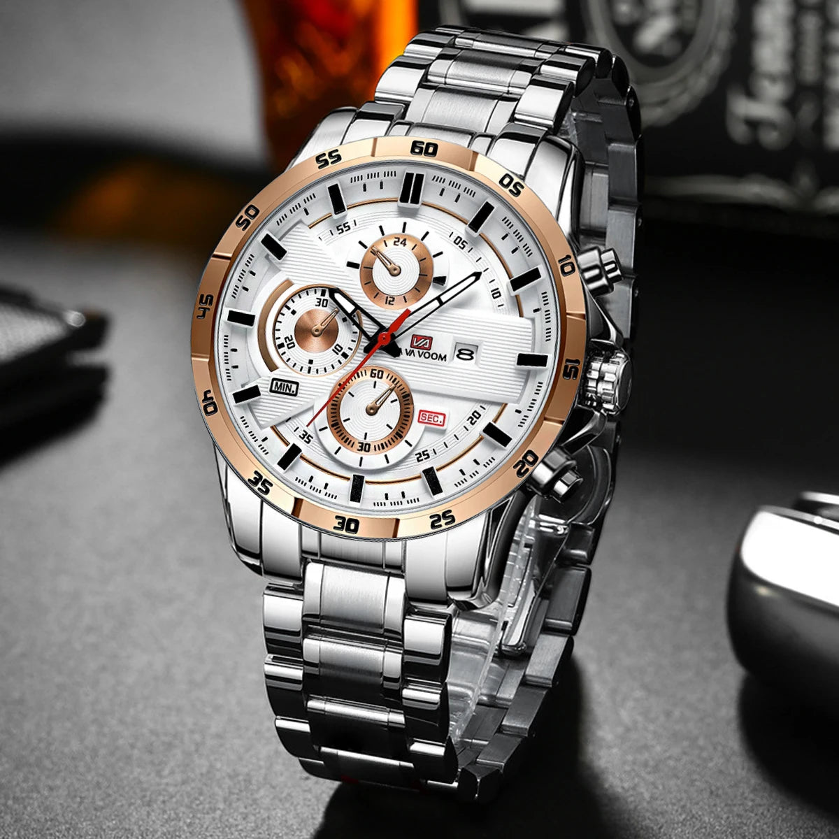 Reloj deportivo de alta gama para hombre, de 46 mm, grande, de cuero, estilo de carreras, informal, de moda, original, negro, oro rosa, calendario, reloj de cuarzo. ( SEPARAR PORQUE HAY DOS TIPOS DE RELOJ )