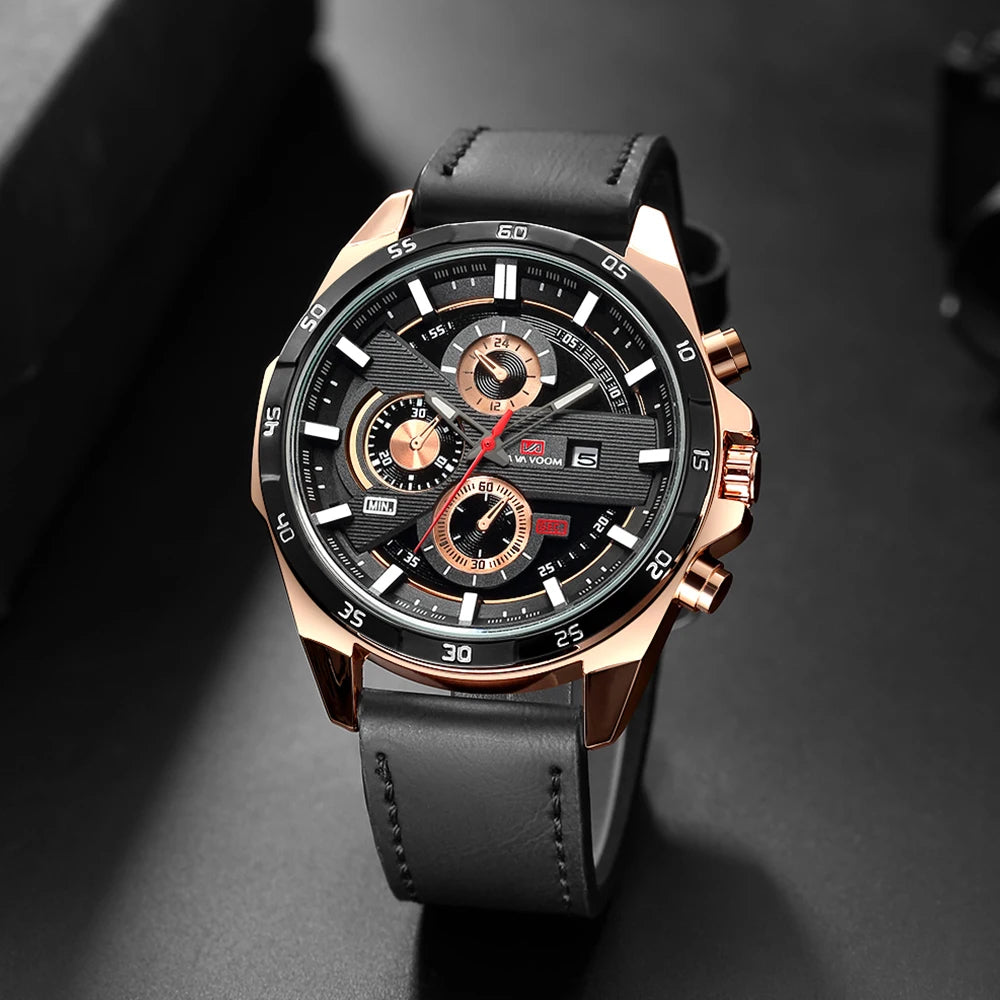 Reloj deportivo de alta gama para hombre, de 46 mm, grande, de cuero, estilo de carreras, informal, de moda, original, negro, oro rosa, calendario, reloj de cuarzo. ( SEPARAR PORQUE HAY DOS TIPOS DE RELOJ )