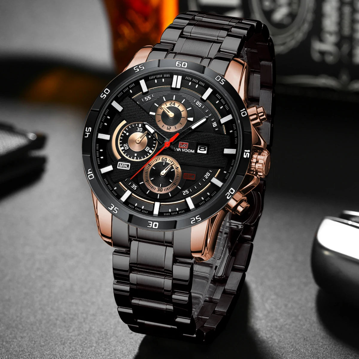 Reloj deportivo de alta gama para hombre, de 46 mm, grande, de cuero, estilo de carreras, informal, de moda, original, negro, oro rosa, calendario, reloj de cuarzo. ( SEPARAR PORQUE HAY DOS TIPOS DE RELOJ )
