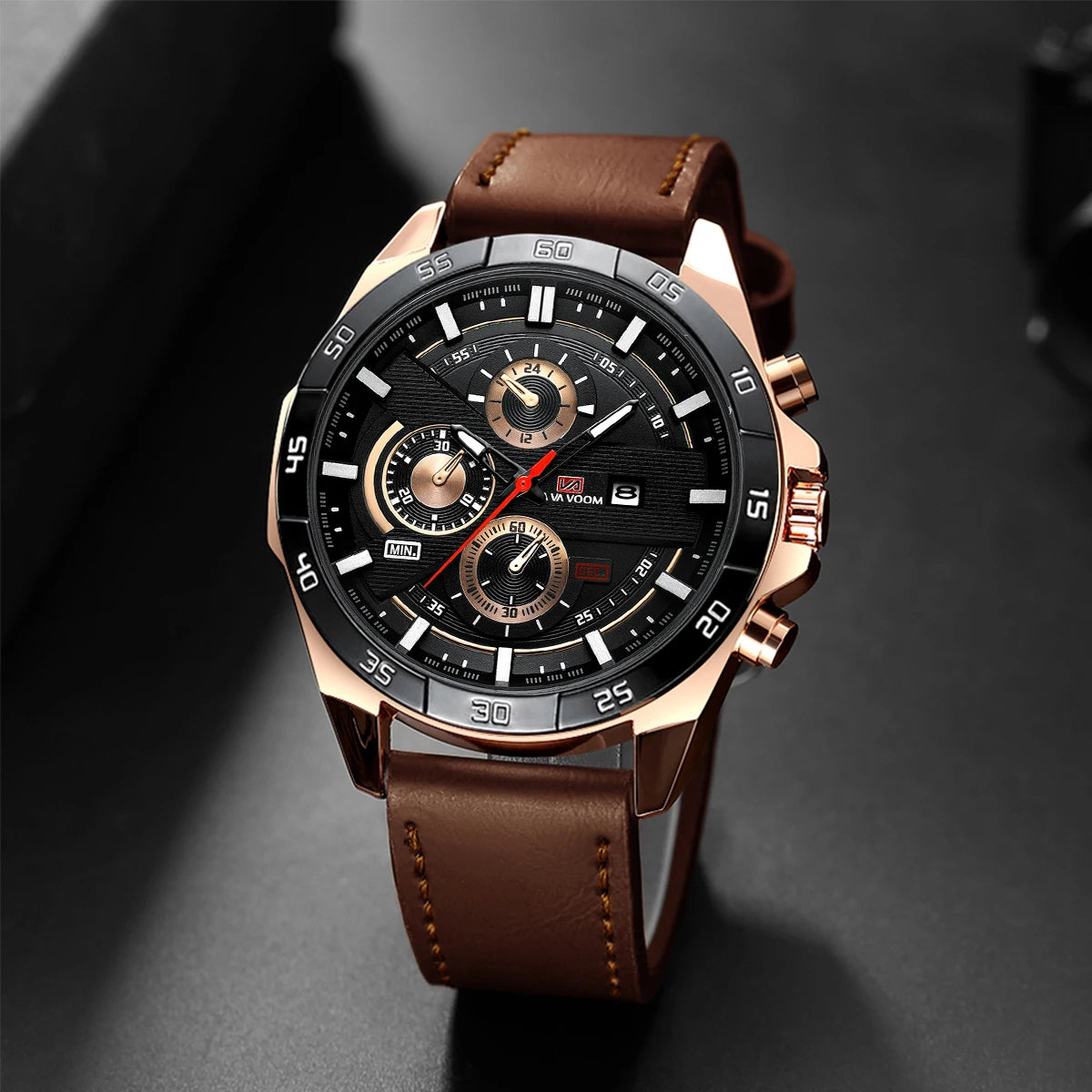 Reloj deportivo de alta gama para hombre, de 46 mm, grande, de cuero, estilo de carreras, informal, de moda, original, negro, oro rosa, calendario, reloj de cuarzo. ( SEPARAR PORQUE HAY DOS TIPOS DE RELOJ )
